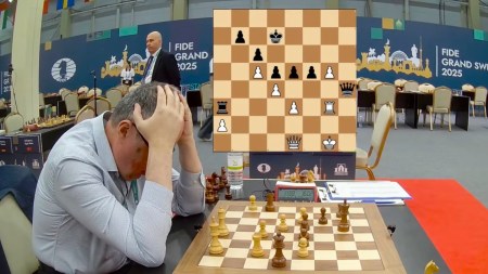 Chess legend Boris Gelfand reacts after noticing his blunder against Praggnanandhaa in the round 3 clash at the FIDE Grand Swiss tournament. (PHOTO FIDE YouTube)