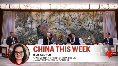 US Representative Adam Smith, center left, and Shanghai Mayor Gong Zheng, center right, attend a meeting at the Shanghai's municipal government in Shanghai, China, Thursday, Sept.25, 2025. (