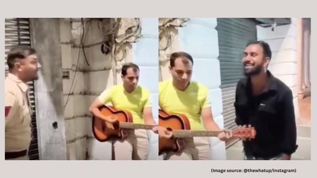 The video captures the officer singing "Deva Deva", a popular song from the movie Brahmastra, alongside a group of young men, one of whom is playing the guitar (Image source: @thewhatup/Instagram)