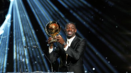 Paris Saint-Germain's Ousmane Dembélé receives the 2025 Men's Ballon d'Or during the 69th Ballon d'Or awards ceremony. (AP)