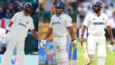 Indian cricketers Devdutt Padikkal, Sarfaraz Khan and Karun Nair. (Photo: X/BCCI & Reuters)