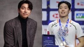 L-R: South Korean actor and famous K-drama star Gong Yoo and reigning World Badminton Champions in men's doubles category Seo Seung-jae. (Photo: X & AP)