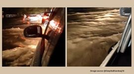 The city saw heavy downpour on Monday, resulting in severe waterlogging and massive traffic snarls, especially on key stretches like the Delhi-Jaipur Expressway (Image source: @DeepikaBhardwaj/X)