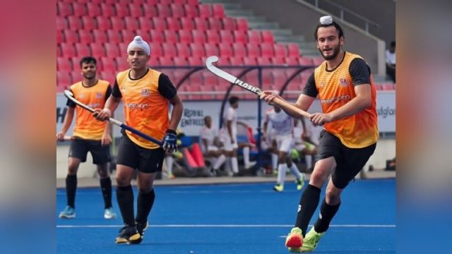 A match in progress between SAI NCOE, Sonipat and Namdhari Hockey Academy in the Punjab Hockey League at Olympian Balbir Singh International Stadium. (Express Photo/Kamleshwar Singh)