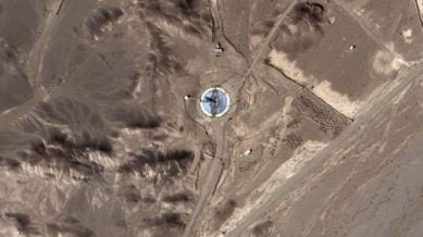 This satellite photo from Planet Labs PBC shows a scorched launch pad at Iran's Imam Khomeini Spaceport in Semnan province, Iran, on Wednesday, Sept. 24, 2025. (Planet Labs PBC via AP)