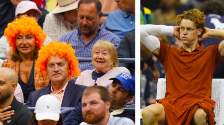 (Left) Fans sporting orange wigs attend the men's singles final at the US Open tennis championships; (Right) Jannik Sinner takes a break between the final against Carlos Alcaraz on Sunday in New York. (PHOTOS: AP)