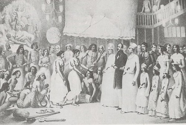 Durga Puja at Shovabazar Rajbari in the presence of Robert Clive (Wikipedia)