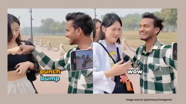 In the video shared by a vlogger, Jay, a man approaches two Korean women taking a stroll at a tourist spot, and shares his “dream” of hugging them (Image source: @jaystreazy/Instagram)