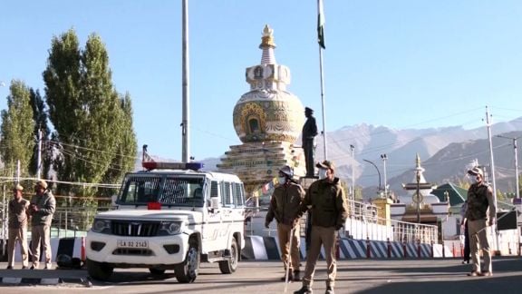 Security personnel patrol as the curfew imposed after the protest over the statehood demand and the inclusion of Ladakh under the Sixth Schedule, in Leh on Thursday. (ANI Video Grab)