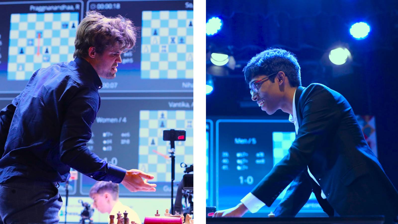 File images of Magnus Carlsen and Praggnanandhaa during the Tata Steel India Rapid and Blitz tournament in Kolkata. (Express Photos by Partha Paul)