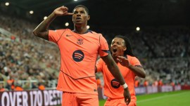 Barcelona's Marcus Rashford with teammate Jules Kounde during the Champions League match vs Newcastle United. (Photo: AP)