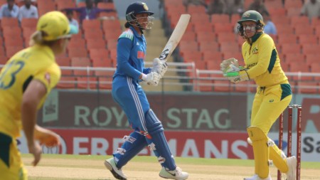 Smriti Mandhana equalled the women's ODI record for most centuries as an opener against Australia in Mullanpur. (Express Photo by Kamleshwar Singh)