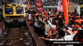 Maratha quota protestors at CSMT Railway Station. (Express Photo/Sankhadeep Banerjee)