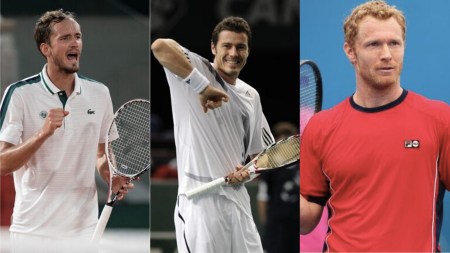 L-R: Russia's Daniil Medvedev, Marat Safin and Dmitry Tursunov in action. (Reuters)