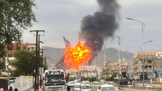 Flames and smoke rise following Israeli airstrikes in Sanaa, Yemen