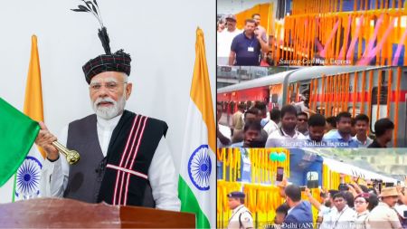 Prime Minister Narendra Modi virtually flagged off the Bairabi-Sairang New Rail line, in Aizawl on Saturday. (ANI Photo)