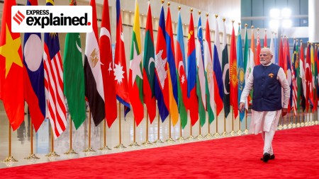 Prime Minister Narendra Modi arrives at the Shanghai Cooperation Organisation (SCO) Summit at Tianjin's Meijiang Convention Centre on Sunday. (PMO via PTI Photo)