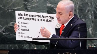 Israel Prime Minister Benjamin Netanyahu addresses the 80th session of the United Nations General Assembly, Friday, Sept. 26, 2025. (AP Photo/Richard Drew)