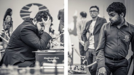 Parham Maghsoodloo reacts after realising that he was going to lose; Nihal Sarin gets up from the board during the tense endgame in round 7 of the FIDE Grand Swiss tournament. (PHOTOs: Michal Walusza / FIDE)