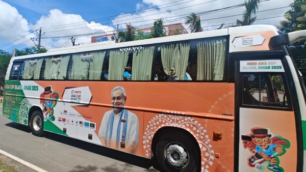 Chief Minister Nitish Kumar's photograph can be seen on an official team bus. (Express Photo by Mihir Vasavada)
