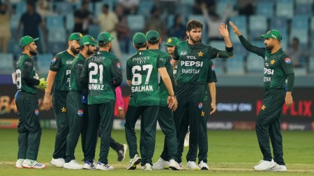 Pakistan's Shaheen Shah Afridi, second right, celebrates the dismissal of United Arab Emirates's Alishan Sharafu with teammates during the Asia Cup cricket match between Pakistan and United Arab Emirates at Dubai International Cricket Stadium, United Arab Emirates, Wednesday, Sept. 17, 2025. (AP Photo/Altaf Qadri)