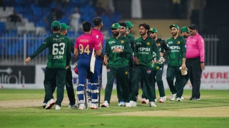 Pakistan players shake hands with UAE players after a T20I match. (X/UAE Cricket)