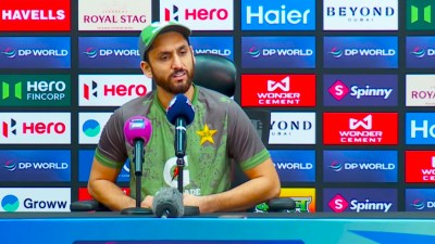 Pakistan cricket team captain Salman Ali Agha at his press conference after the team's Asia Cup final defeat to India on Sunday. (Screenshot via YouTube/ACC)