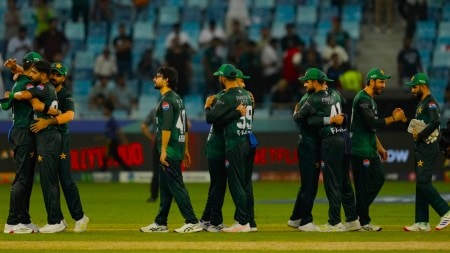 Pakistan's players celebrate their team's victory during the Asia Cup cricket match between Bangladesh and Pakistan at Dubai International Cricket stadium in Dubai, United Arab Emirates, Thursday, Sept. 25, 2025. (AP Photo)