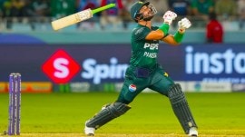 Pakistan's Sahibzada Farhan looses grip on his bat while playing a shot during the Asia Cup cricket match between India and Pakistan at Dubai International Cricket Stadium in Dubai, United Arab Emirates, Sunday, Sept. 21, 2025. (AP Photo)