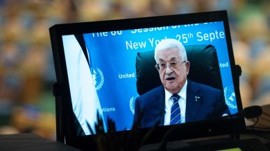 Palestinian President Mahmoud Abbas addresses the 80th session of the United Nations General Assembly via video at United Nations headquarters, Thursday, Sept. 25, 2025. (AP Photo/Angelina Katsanis)