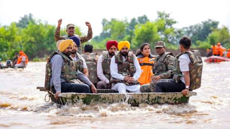 In this image posted on Sept. 2, 2025, Punjab Chief Minister Bhagwant Mann during a visit at flood-hit Ferozepur, in Punjab. (@AAPPunjab/X via PTI Photo)