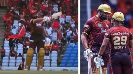 Trinibago Knight Riders' Kieron Pollard added 90 runs with skipper Nicholas Pooran and hit 7 sixes in 8 balls. (Screengrab/FanCode and TKR/X)