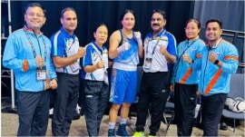 Pooja Rani with the Indian entourage. Credit: Boxing Federation of India