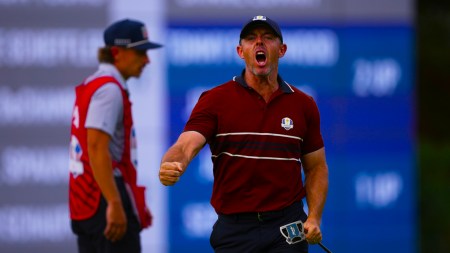 Europe's Rory McIlroy celebrates after a putt on the 14th hole at Bethpage Black golf course during the Ryder Cup golf tournament, Saturday, Sept. 27, 2025, in Farmingdale, N.Y. (AP Photo)