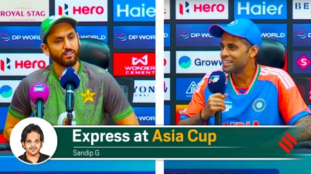 India's captain Suryakumar Yadav, right, and Pakistan's captain Salman Agha address the media during their press conferences after India win the Asia Cup final at Dubai International Cricket Stadium. (Photos: Screengrabs via ACC/ YouTube)