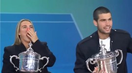 L-R: US Open women's and men's singles champion Aryna Sabalenka and Carlos Alcaraz. (X)