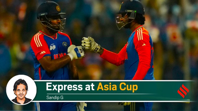 India's Sanju Samson, left, and India's Tilak Varma greet each other during a Asia Cup cricket match. (AP Photo)