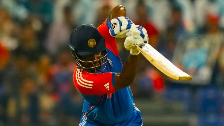 India's Sanju Samson plays a shot during the Asia Cup cricket match between India and Oman at Zayed Cricket Stadium in Abu Dhabi, United Arab Emirates, Friday, Sept. 19, 2025. (AP Photo)