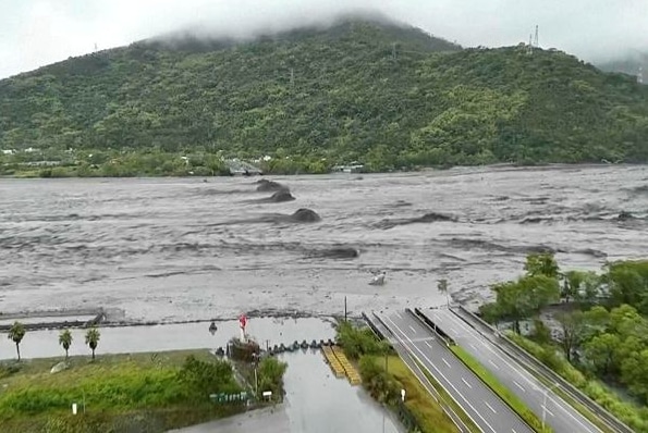 A drone shot shows the remaining piers of the Mataian Bridge after it collapsed during typhoon Super Typhoon Ragasa passing through Hualien in eastern Taiwan. 
