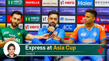 (From left) Pakistan captain Salman Ali Agha, Afghanistan captain Rashid Khan and India skipper Suryakumar Yadav address the media during the unveiling of the Asia Cup 2025 trophy, in Dubai. (Asian Cricket Council via PTI Photo)