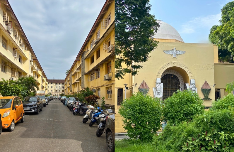 The bucolic streets of Cusrow Baug alongise its iconic Fire Temple (Mira Patel)