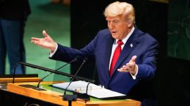 US President Donald Trump address the 80th session of the United Nations General Assembly, Tuesday, Sept. 23, 2025, at U.N. headquarters. (AP Photo/Yuki Iwamura)