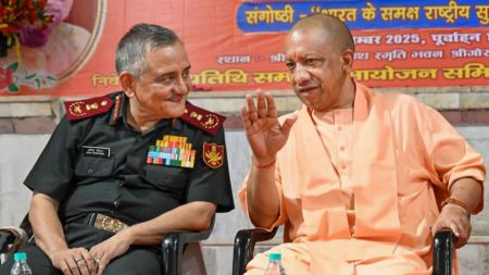 Chief of Defence Staff (CDS) General Anil Chauhan (Left) and Uttar Pradesh Chief Minister Yogi Adityanath during ‘Shrimad Bhagwat Katha’ seminar and tribute meeting organised on the 56th death anniversary of late Mahant Digvijaynath and 11th death anniversary of Mahant Avaidyanath, at Gorakhnath Temple, in Gorakhpur. (PTI Photo)