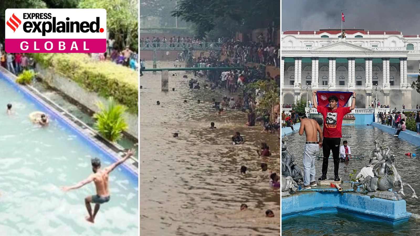 Protestors storm official residences of national leaders in Sri Lanka in 2022, Bangladesh in 2024 and Nepal on September 9, 2025 (left to right)