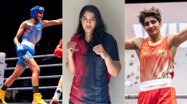 L-R: Indian boxers Jaismine Lamboriya, Nupur Singh Sheoran and Minakshi Hooda. (Photo: World Boxing)