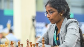 Vaishali Rameshbabu thinks about her next move in the round 2 clash against Bibisara Assaubayeva at the FIDE Women's Grand Swiss. (PHOTO: FIDE via Michal Walusza)