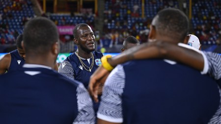 West Indies coach Darren Sammy with players. (Photo: Cricket West Indies)