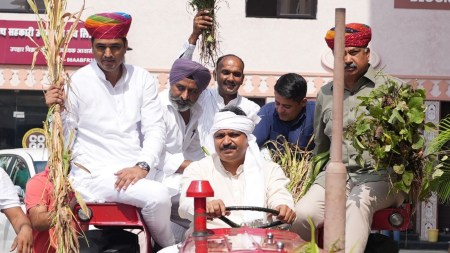 Congress MLAs, led by Leader of Opposition Tikaram Jully, arrived to the Rajasthan Assembly on tractors demanding compensation for farmers and others affected by heavy rain.
