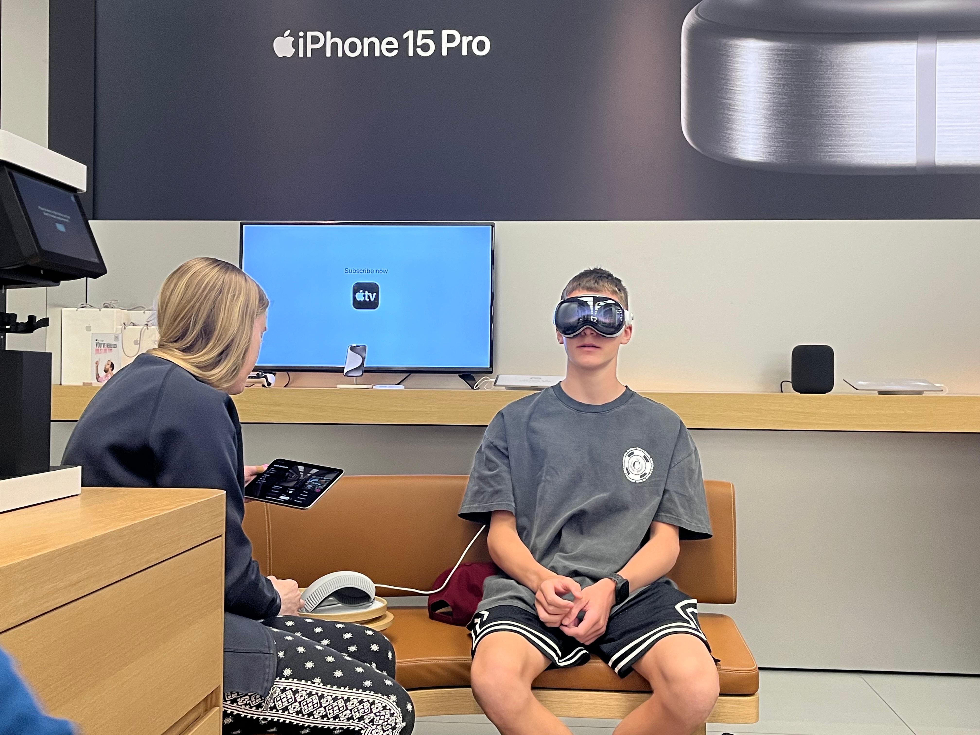 A consumer tries Apple’s Vision Pro mixed-reality headset at the Apple Store in Las Vegas, Nevada. (Image credit: Anuj Bhatia/Indian Express)