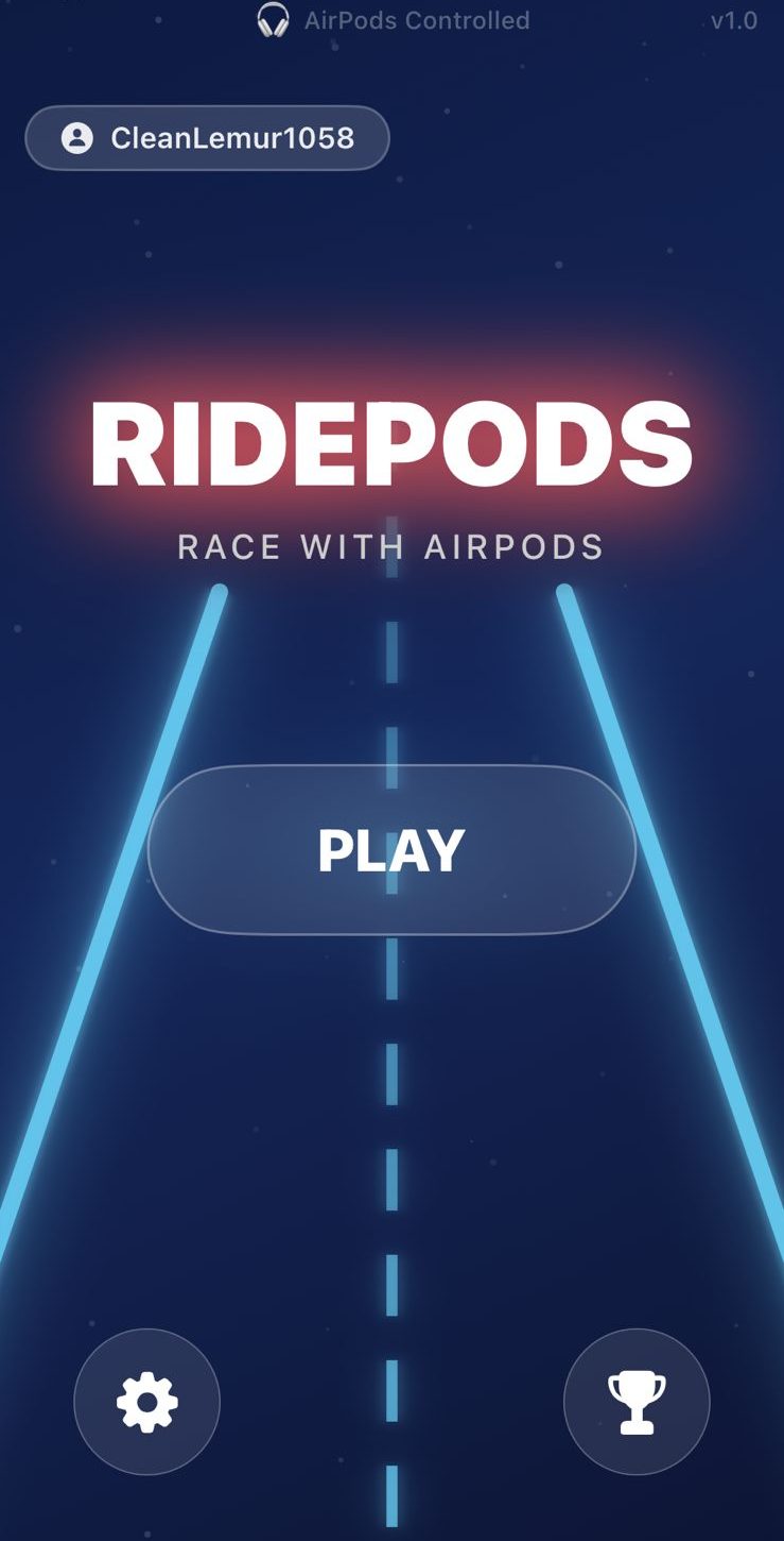 The RidePods home screen keeps it simple — tap play, put on your AirPods, and race using head movements.